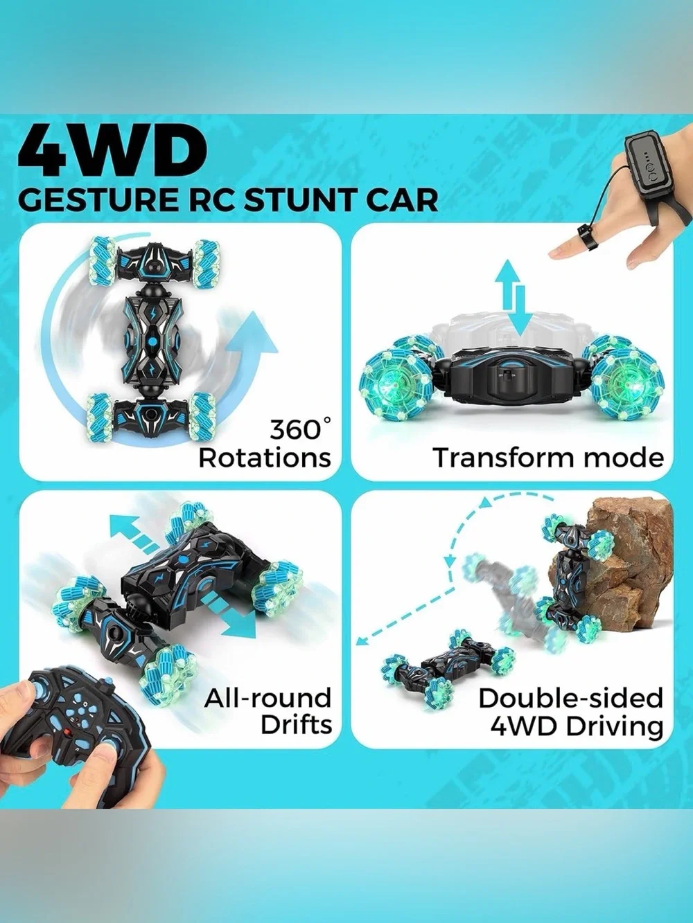 360° Rotating 4WD Twist Cars with Light Music & Spray Remote & Hand Control